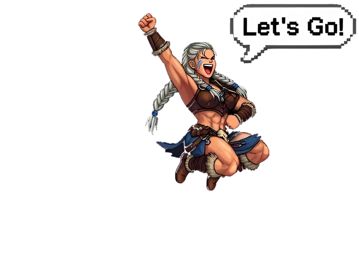 Neve the warrior jumping, fist in the air, shouting Let's Go!